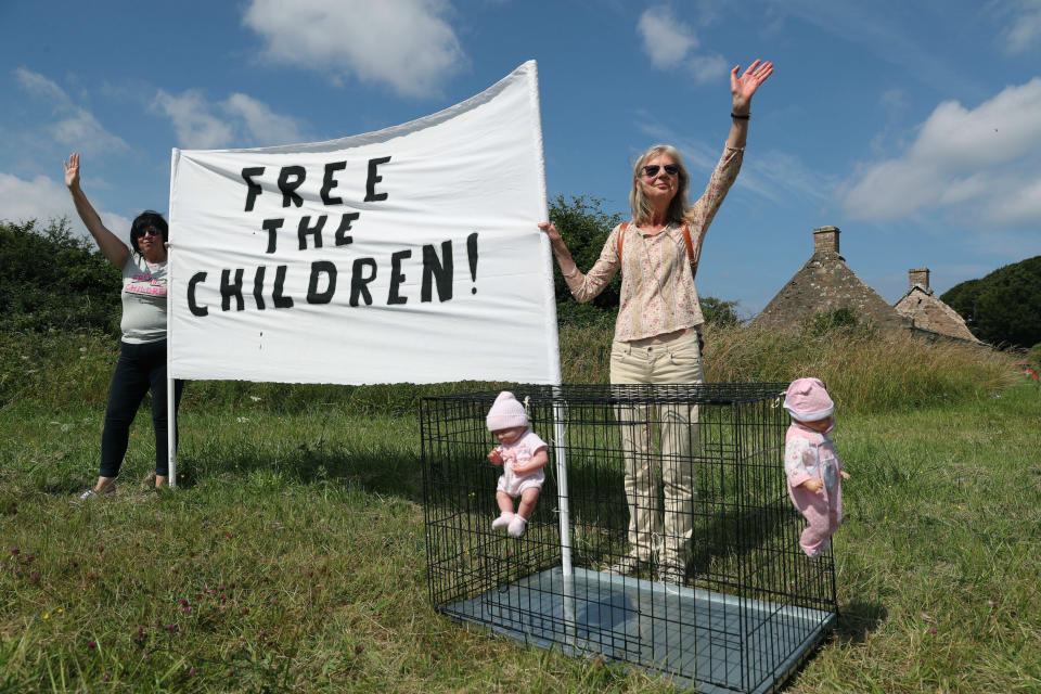 <p>Protesters on the A77 demonstrate against the visit by President Trump and first lady Melania Trump, near Turnberry, Scotland, on July 14, 2018. Trump has long professed a special connection to Scotland, the land of his mother’s birth. He owns two championship-level golf resorts in the country, including one near Turnberry. (Photo: Andrew Milligan/PA via AP) </p>