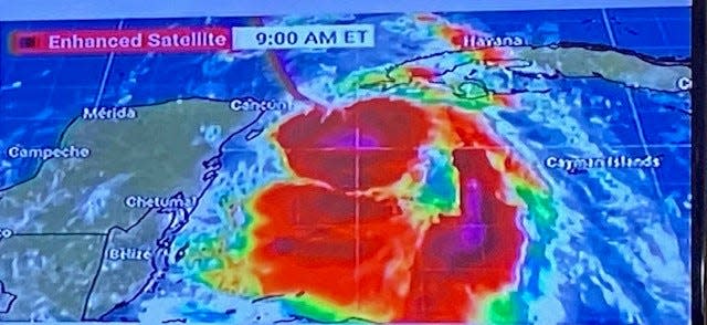 A photo of Tropical Storm Idalia as it continues to develop on Monday, Aug. 28, 2023.