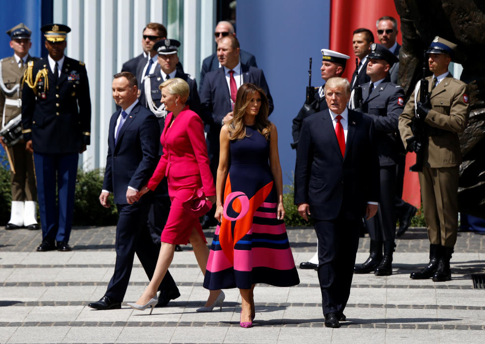 Polish President Andrzej Duda and first lady Agata Kornhauser-Duda and U.S. first lady Melania Trump and President Donald Trump&nbsp;at Krasinski Square.