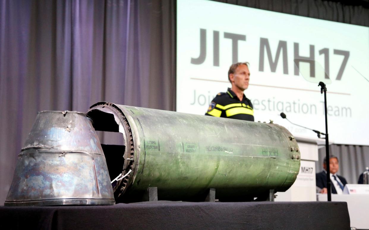 Pieces of the Buk that downed MH17 are displayed as the investigation says the Russian military deployed the missile, which was made in Moscow - REUTERS