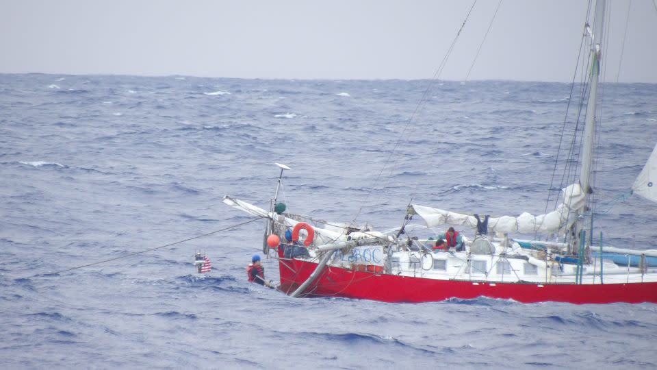 A small boat crew assigned to the USS William P. Lawrence conducted the rescue mission for the woman, child and pets onboard the French-flagged sailing vessel Albroc. - Chief Warrant Officer 2 Lance Watson/US Navy