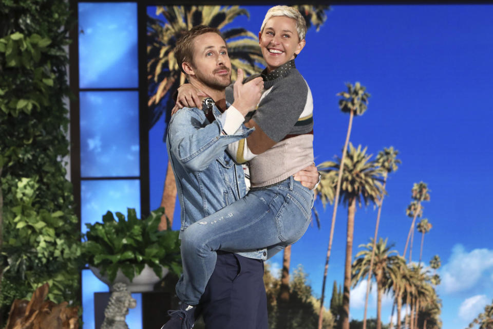 <p>"I ran into Ryan Gosling's arms and, somehow, we ended up like this," says DeGeneres of what became her regular greeting for the actor. "It may look silly, but if you ever get a chance to jump into Ryan Gosling's arms, I highly recommend it."</p>