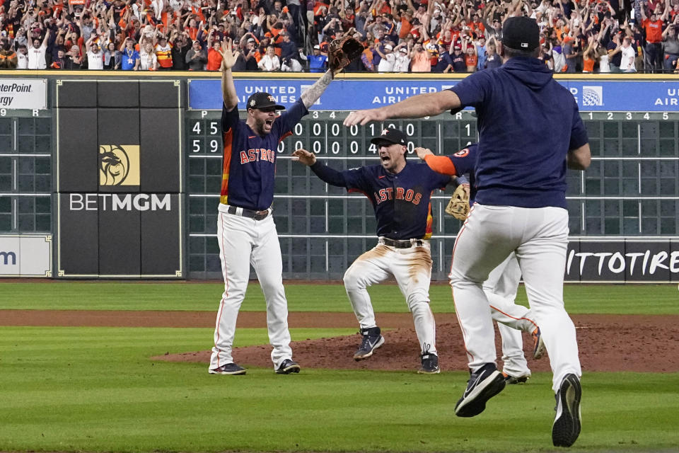 The Houston Astros celebrate their 4-1 World Series win against the Philadelphia Phillies in Game 6 on Saturday, Nov. 5, 2022, in Houston. (AP Photo/David J. Phillip)