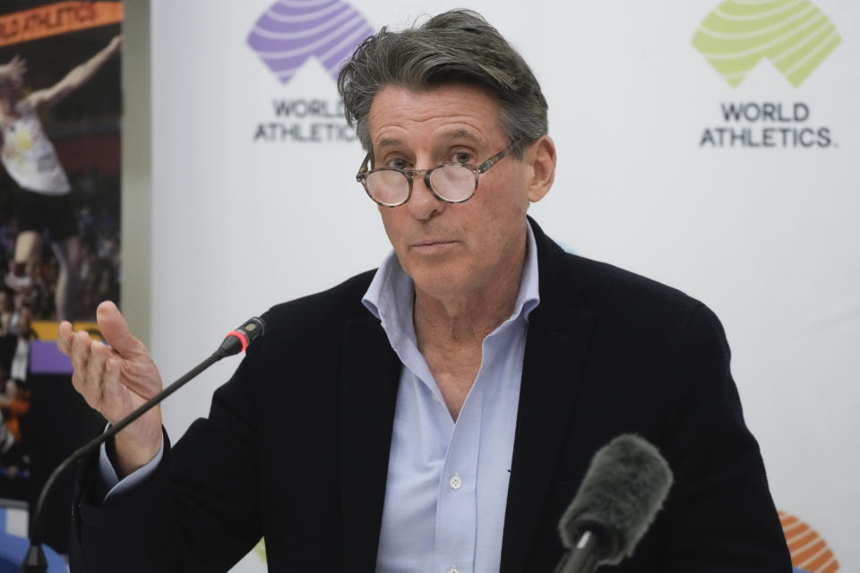 FILE - World Athletics President Sebastian Coe holds a press conference at the conclusion of the World Athletics meeting at the Italian National Olympic Committee, headquarters in Rome, Nov. 30, 2022. (AP Photo/Gregorio Borgia, File)