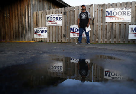 Romeo Ryan, a supporter of Republican candidate for U.S. Senate Judge Roy Moore, waits outside before a campaign event in Fairhope, Alabama, U.S., December 5, 2017. REUTERS/Jonathan Bachman