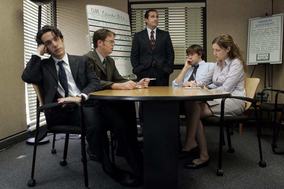 The cast of workplace hit "The Office," from left: BJ Novak, Rainn Wilson, Steve Carell, John Krasinski and Jenna Fischer.