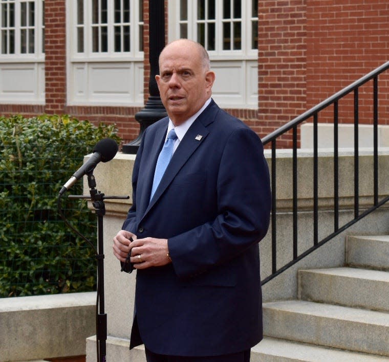 Maryland Gov. Larry Hogan, R, speaks as the legislative session winds down on April 12, 2021.