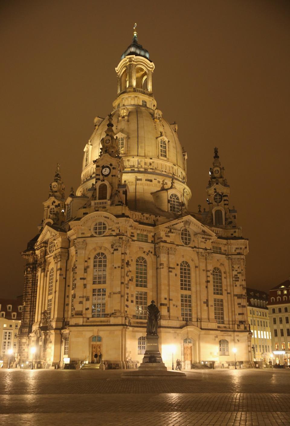 DRESDEN, GERMANY - FEBRUARY 10:  The Frauenkirche church, which was obliterated by the Allied firebombing of February 13-14, 1945 and rebuilt in 2005, stands at night in Neumarkt square on February 10, 2015 in Dresden, Germany. The city of Dresden will commemorate the 70th anniversary of the 1945 firebombing attack by British and American bombers that devastated the city and killed at least 25,000 people on February 13.  (Photo by Sean Gallup/Getty Images)