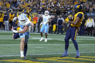 West Virginia safety Aubrey Burks intercepts a pass in the end zone intended for North Carolina tight end Kamari Morales during the first half of an NCAA college football game at the Duke's Mayo Bowl Wednesday, Dec. 27, 2023, in Charlotte, N.C. (AP Photo/Chris Carlson)
