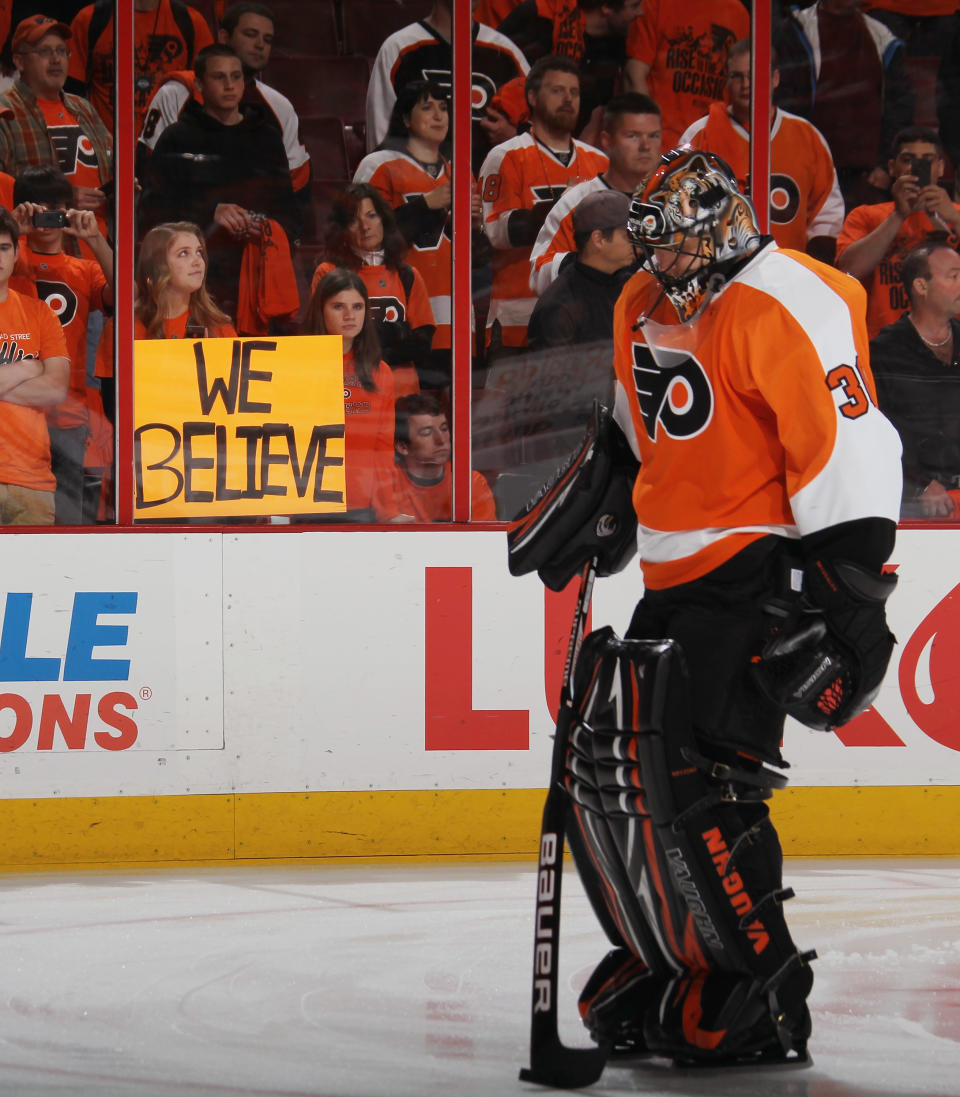 PHILADELPHIA, PA - MAY 08: Ilya Bryzgalov #30 of the Philadelphia Flyers prepares to tends net in warmups prior to playing against the New Jersey Devils in Game Five of the Eastern Conference Semifinals during the 2012 NHL Stanley Cup Playoffs at Wells Fargo Center on May 8, 2012 in Philadelphia, Pennsylvania. (Photo by Bruce Bennett/Getty Images)