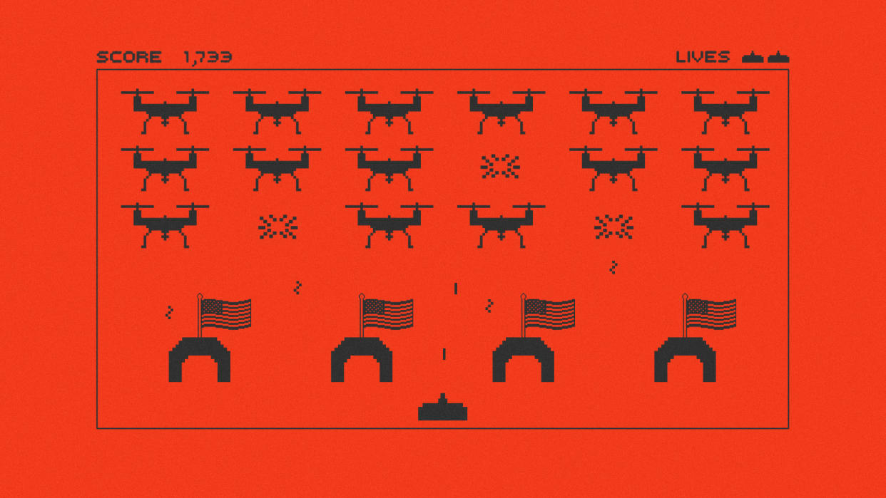  Illustration of drones in the style of a Space Invaders video game. 