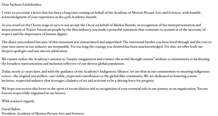 Statement of reconciliation offered to Sacheen Littlefeather by former Academy president David Rubin over 1973 speech abuse (Academy of Motion Picture Arts and Sciences)