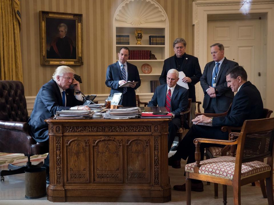 President Donald Trump in the Oval Office, with, from left, White House Chief of Staff Reince Priebus, Vice President Mike Pence, White House Chief Strategist Steve Bannon, Press Secretary Sean Spicer and National Security Advisor Michael Flynn: Drew Angerer/Getty Images