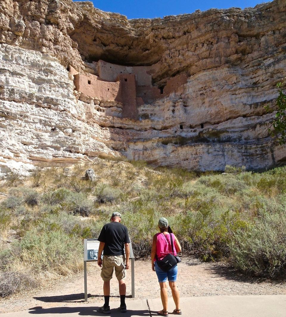 Montezuma Castle in Arizona occupies a cliff recess 100 feet above the Verde Valley floor.