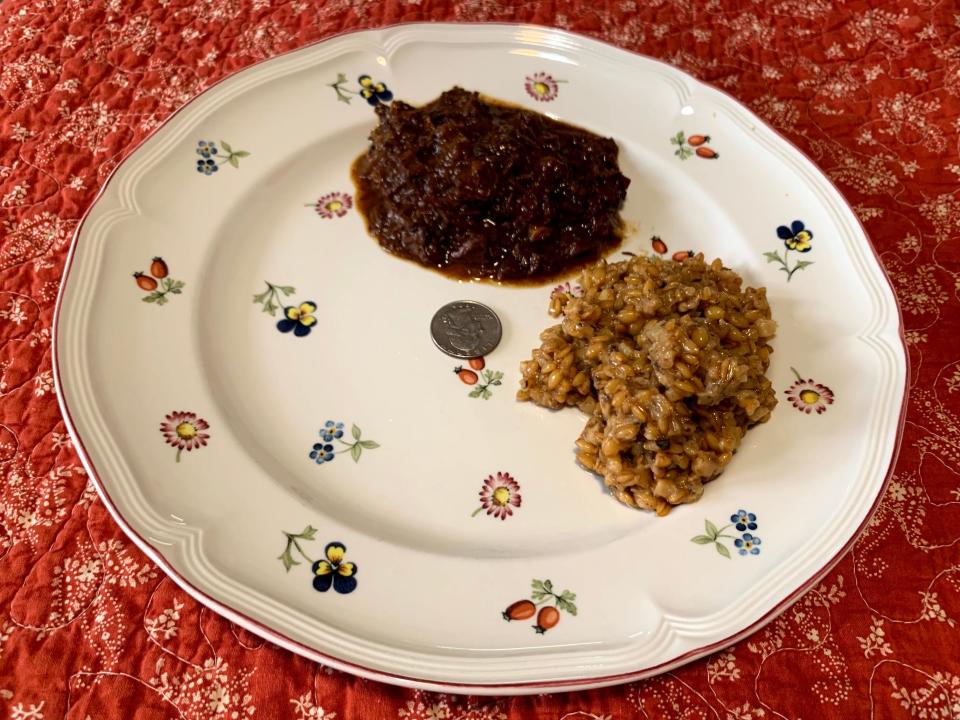 plate with two scoops of food beef bourguignon and einkorn risotto an a quarter for size comparison