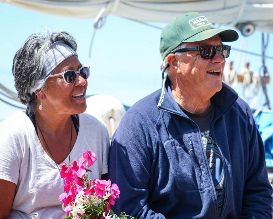 Margie and Larry Linder were greeted by family and friends They arrived at Morro Bay harbor after completing 8+ years circumnavigation on their 32-foot sailboat, Aletha. Sept., 6, 2023.