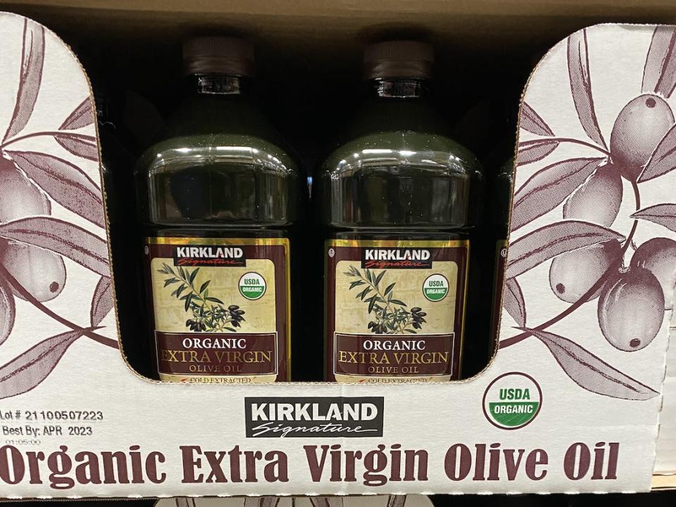 Big bottles of Kirkland extra virgin olive oil at Costco