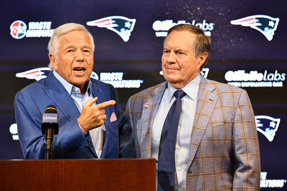 New England Patriots head coach Bill Belichick (R) and Patriots owner Robert Kraft speak to reporters where Belichick announced he is leaving the team during a press conference at Gillette Stadium in Foxborough, Massachusetts, on January 11, 2024. Belichick, the NFL mastermind who has guided the New England Patriots to a record six Super Bowl titles as head coach, is parting ways with the team after 24 seasons. (Photo by Joseph Prezioso / AFP) (Photo by JOSEPH PREZIOSO/AFP via Getty Images)