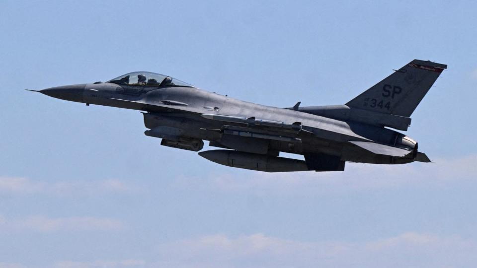 PHOTO: In this June 14, 2023, file photo, an F-16 fighter jet takes off during a military exercise at Spangdahlem U.S. Air Base in Spangdahlem, Germany. (Jana Rodenbusch/Reuters, FILE)