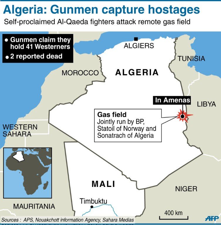 Map locating gas field attacked by self-proclaimed Al-Qaeda gunmen. Algerian troops have surrounded Islamist gunmen who seized 41 hostages in a raid on a gas field as Britain's foreign minister Thursday condemned the "cold-blooded murder" of a Briton in the attack