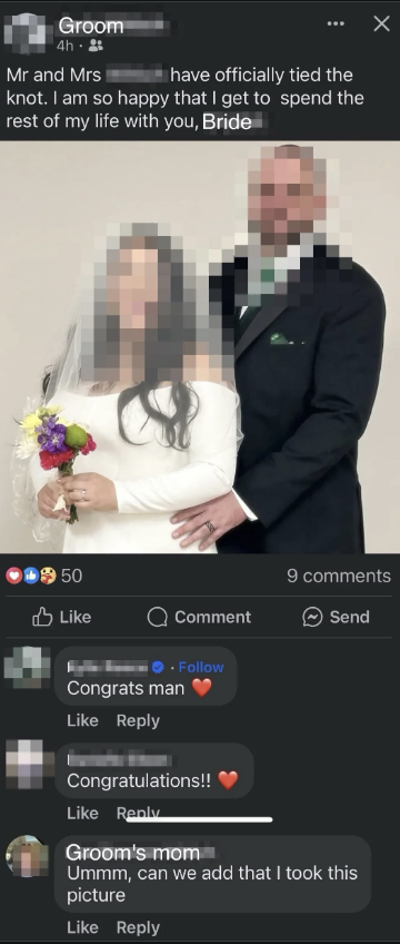 Bride and Groom, dressed in formal wedding attire, hold hands and stand together smiling. Bride holds a bouquet. Social media post with congratulatory comments