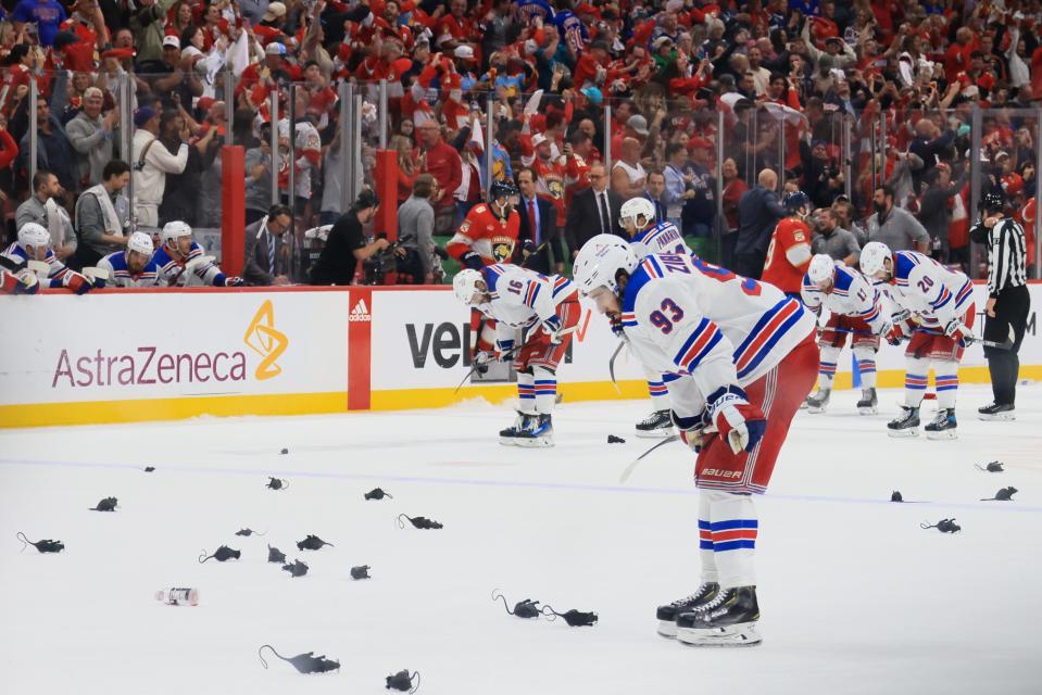 SUNRISE, FLORIDA - JUNE 01: Mika Zibanejad #93 of the New York Rangers reacts with teammates after being defeated by the Florida Panthers in Game Six of the Eastern Conference Final of the 2024 Stanley Cup Playoffs at Amerant Bank Arena on June 01, 2024 in Sunrise, Florida.