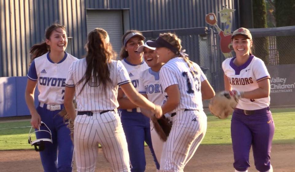 The City celebrates a double play by Naleya Bridges of Clovis North during the City/County All-Star high school softball game on Wednesday, June 21, 2023.