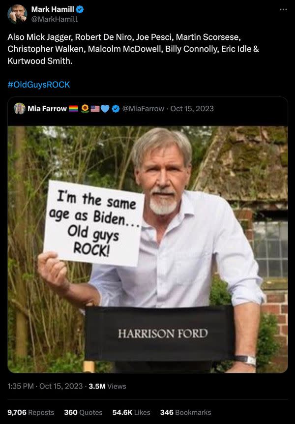 An online post purported Harrison Ford was photographed holding a sign displaying the words I'm the same age as Biden and old guys rock.