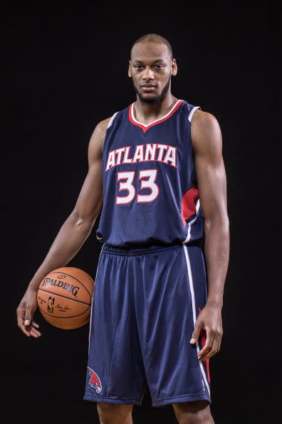 Adreian Payne #33 of the Atlanta Hawks poses for a portrait during the 2014 NBA rookie photo shoot at MSG Training Center on August 3, 2014 in Tarrytown, New York.  (Photo by Nick Laham/Getty Images)