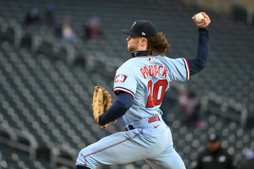 Minnesota Twins pitcher Chris Paddack throws to a Detroit Tigers batter during the first inning of a baseball game Tuesday, April 26, 2022, in Minneapolis. (AP Photo/Craig Lassig)