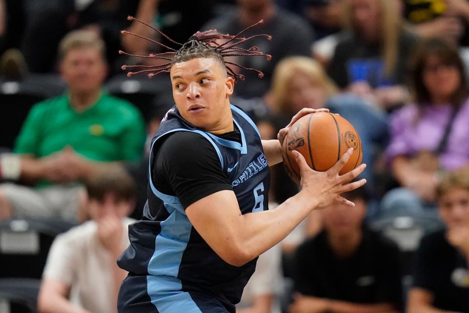 Memphis Grizzlies forward Kenneth Lofton Jr. (6) brings the ball up court in the first half during an NBA Summer League basketball game against the Philadelphia 76ers Monday, July 3, 2023, in Salt Lake City. (AP Photo/Rick Bowmer)