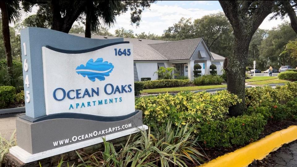 This is the monument sign for Ocean Oaks Apartments at the entrance to the 296-unit, multi-building complex at 1645 Dunlawton Ave. in Port Orange on Friday, Nov. 17, 2023. The 1989-built apartment complex sold on Nov. 14 for $53 million, making it the highest amount paid for a commercial real estate property in Volusia County so far this year.