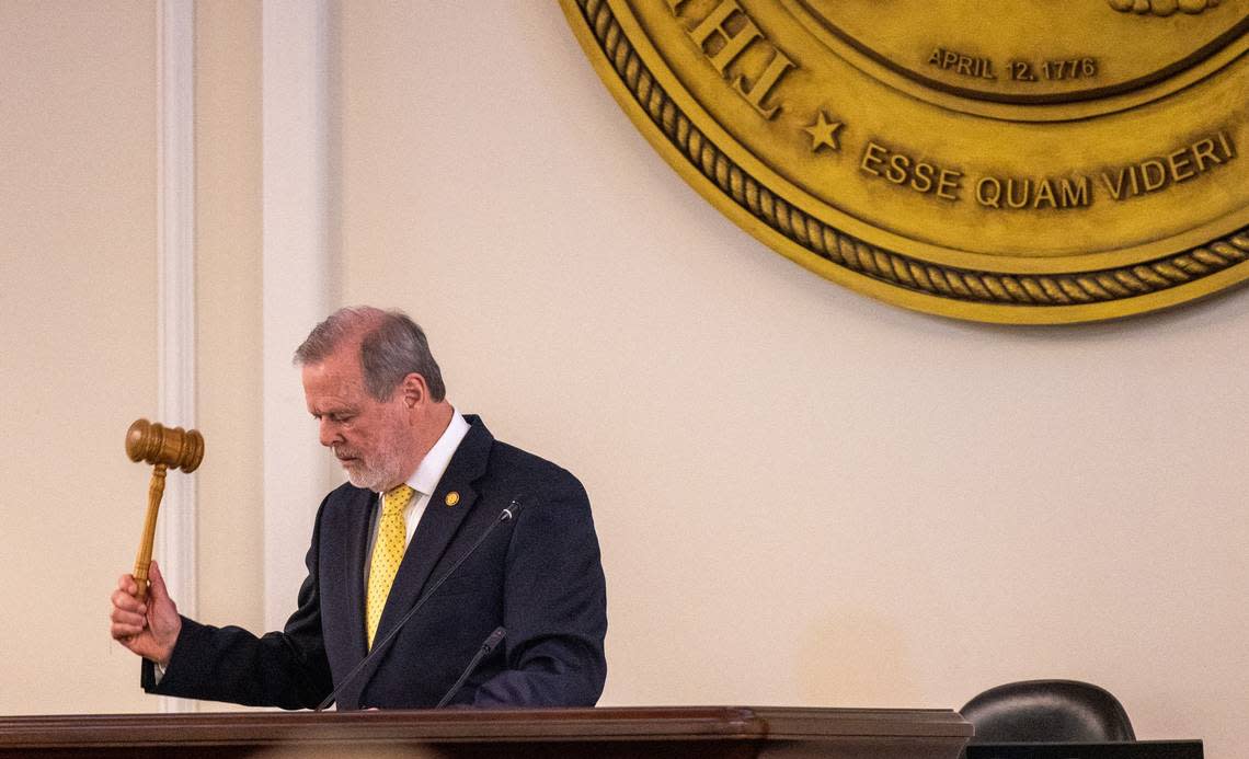 Senate President Pro Tempore Phil Berger adjourns the Senate after a vote to override a veto on an abortion restrictions bill on Tuesday, May 16, 2023, at the Legislative Building in Raleigh, N.C. Republicans have a veto-proof supermajority in the General Assembly, with the ability to overturn a veto from Democratic Gov. Roy Cooper.