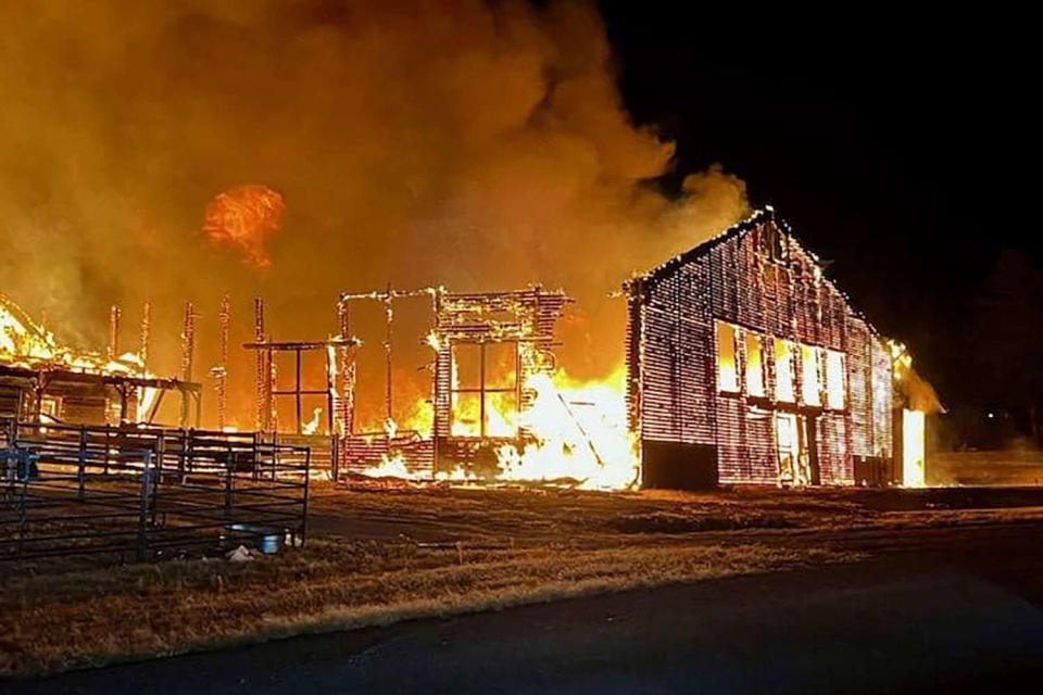 <p>Franktown Fire Protection District </p> Barn fire at Hidden Pines Farm in Franktown, Colo., on Monday