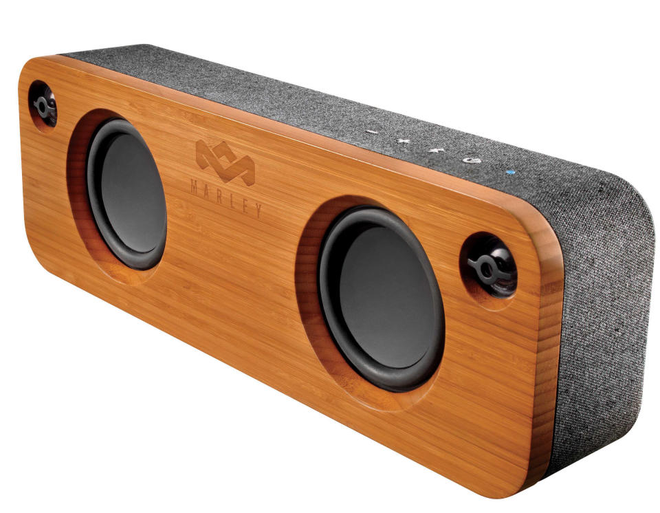 This photo provided by Blue Wolf Communications, Inc. and House of Marley LLC shows the Marley Get Together, a Bluetooth speaker made with Eco-friendly materials. Playing Bob Marley over Bluetooth on this modern-day boom box just seems right. It has eight hours of battery life. (AP Photo/Blue Wolf Communications, Inc., House of Marley LLC)