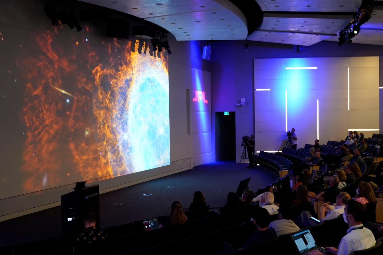 An image of the Southern Ring Nebula, captured on the James Webb Space Telescope, is shown at the NASA Jet Propulsion Laboratory Tuesday, July 12, 2022, in Pasadena, Calif. (AP Photo/Marcio Jose Sanchez)