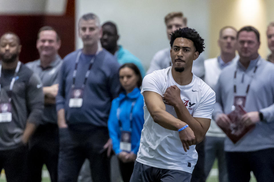 Quarterback Bryce Young works out for NFL teams at Alabama's pro day. (AP Photo/Vasha Hunt)