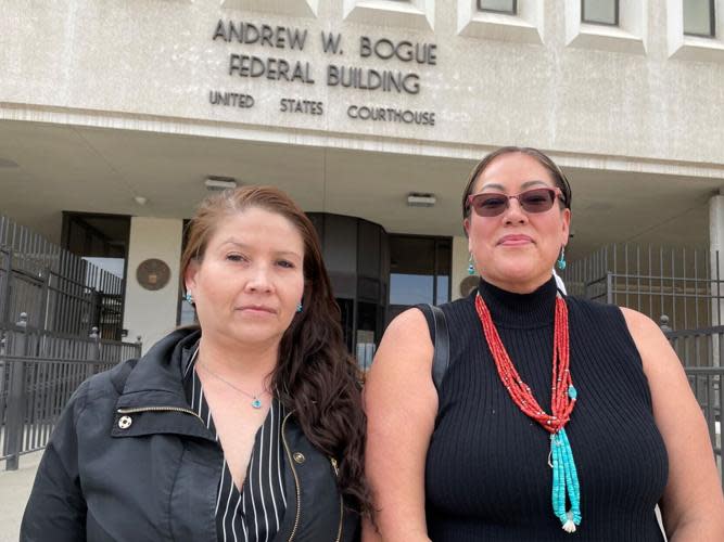 Charlotte Two Eagle, left, and Lynette Adams, right, stand outside the federal courthouse in Rapid City on Wednesday after Donald Eric Cross' sentencing for abusive sexual contact. The FBI investigated the case after Two Eagle made a Facebook post about Cross. Cross was also charged with allegedly raping Adams in 2016, but the charge was dropped as part of a plea deal. Adams said Two Eagle encouraged her to testify at Cross' sentencing.