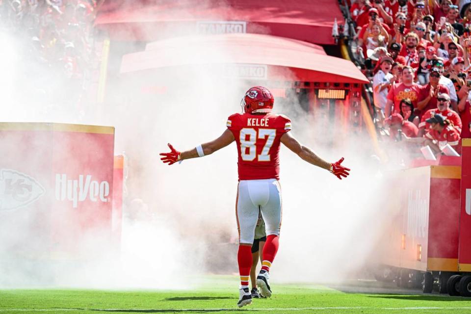 Kansas City Chiefs tight end Travis Kelce (87) enters the field during player introductions before the Chiefs took on the Cincinnati Bengals Sunday, Sept. 15, 2024, at GEHA Field at Arrowhead Stadium.