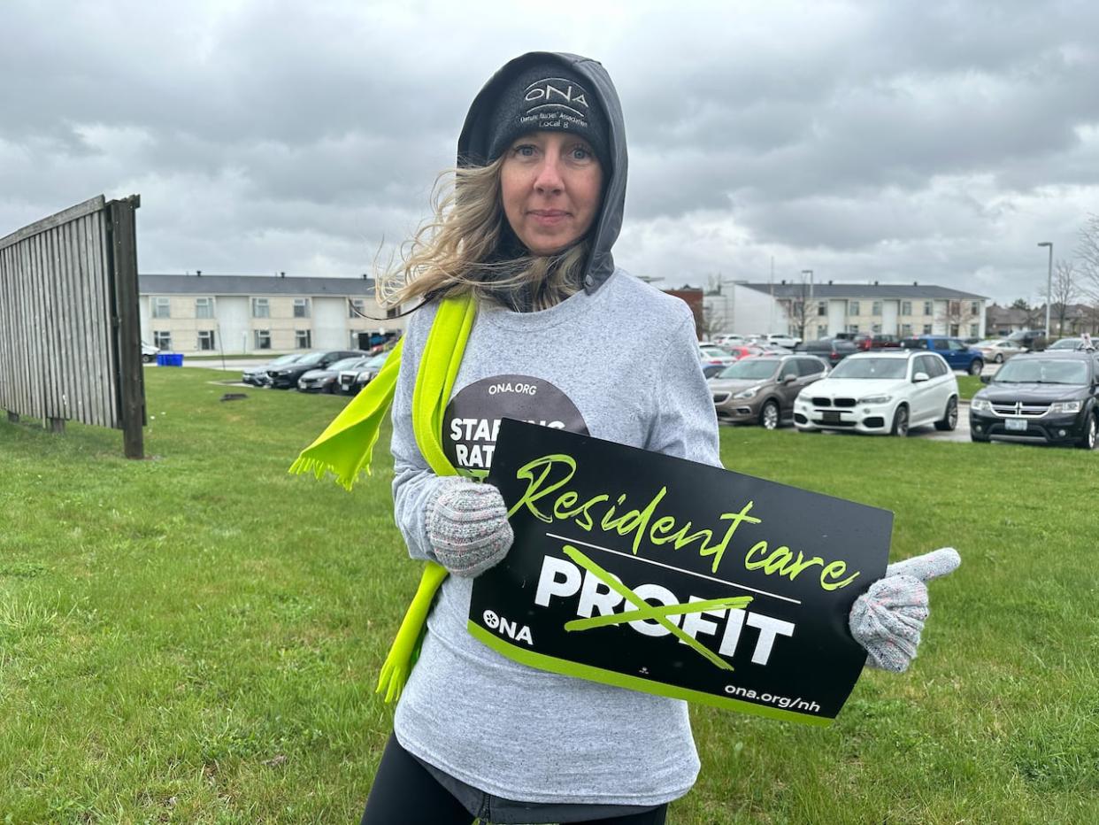 Kristine Malott is a nurse in Windsor who protested conditions in health care outside Extendicare Southwood Lakes on April 12, 2024.  (Dale Molnar/CBC - image credit)