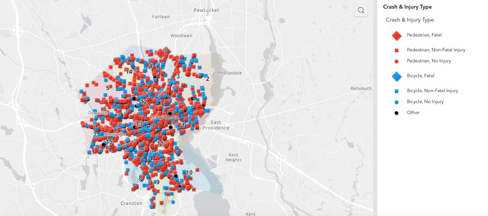 A map generated by the Providence Streets Coalition pinpoints more than a decade of crashes, showing which streets are hazardous.