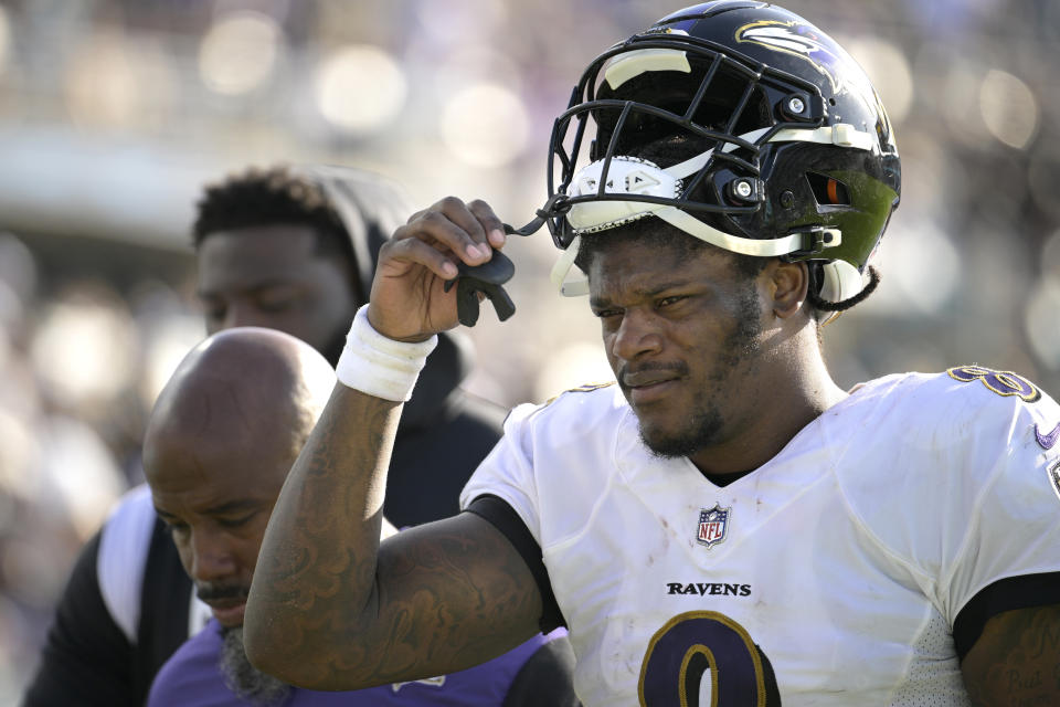 Baltimore Ravens quarterback Lamar Jackson (8) leaves the field after the end of the first half of an NFL football game against the Jacksonville Jaguars, Sunday, Nov. 27, 2022, in Jacksonville, Fla. (AP Photo/Phelan M. Ebenhack)
