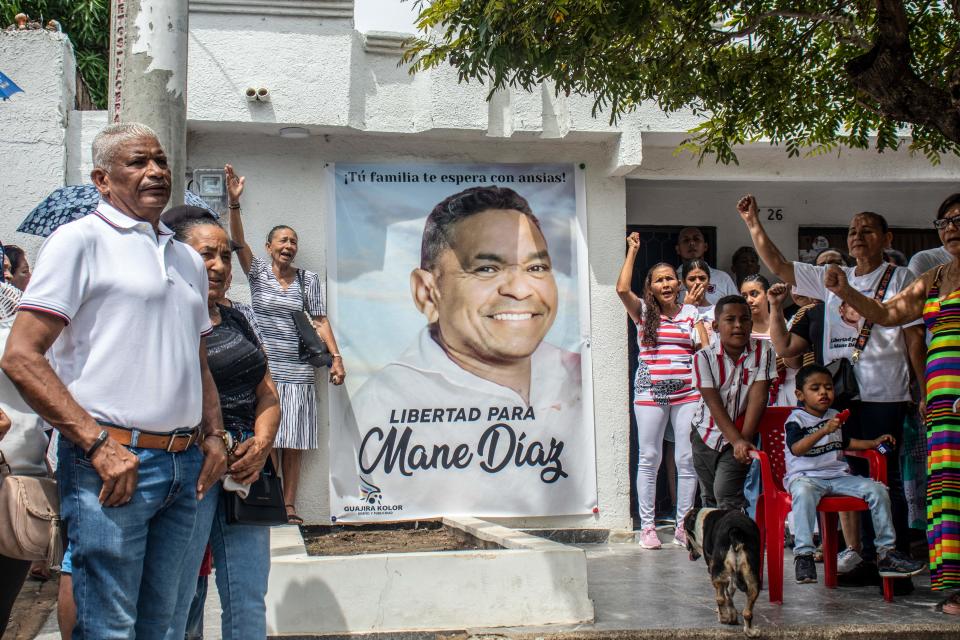 Family and friends of Liverpool's Colombian forward Luis Diaz take part in a demostration to ask for the release of Diaz's father in Colombia. 