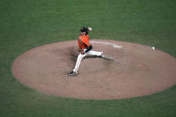 San Francisco Giants pitcher Jeff Samardzija throws to a San Diego Padres batter during the second inning of the second game of a baseball doubleheader Friday, Sept. 25, 2020, in San Francisco. (AP Photo/Tony Avelar)