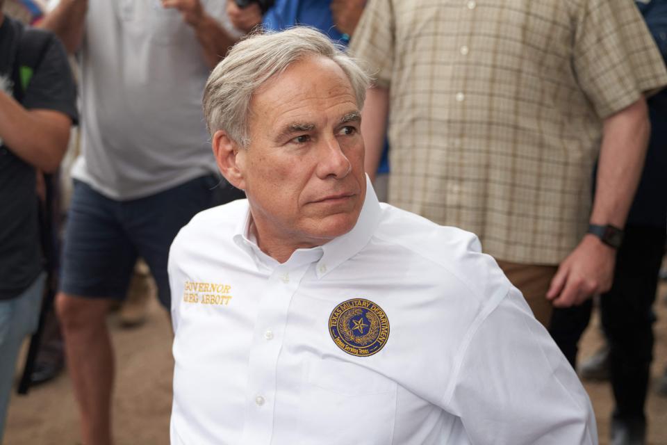 Texas Governor Greg Abbott tours the US-Mexico border at the Rio Grande River in Eagle Pass, Texas, on May 23, 2022.