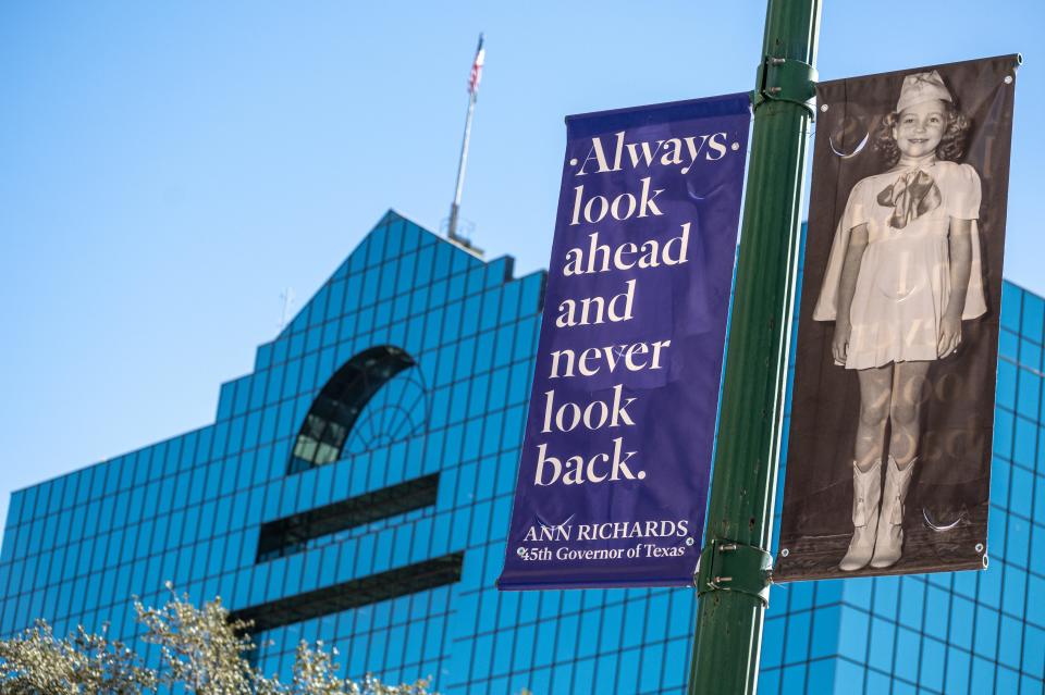 A banner of former Texas Gov. Ann Richards, from when she was a girl, is shown in Downtown El Paso.