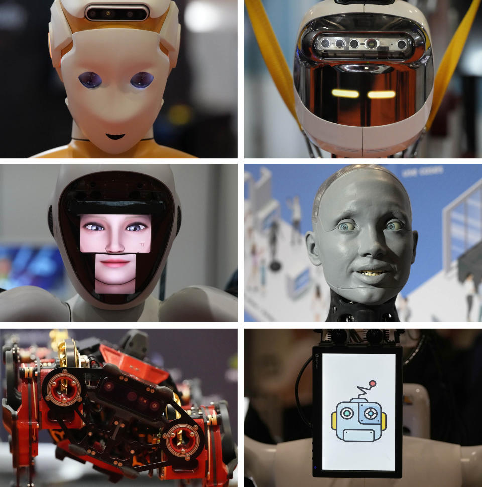 The combination photo shows faces of robots with artificial intelligence during the International Conference on Robotics and Automation ICRA in London, Tuesday, May 30, 2023.The 2023 ICRA brings together the world's top academics, researchers, and industry representatives to show the newest developments. (AP Photo/Frank Augstein)