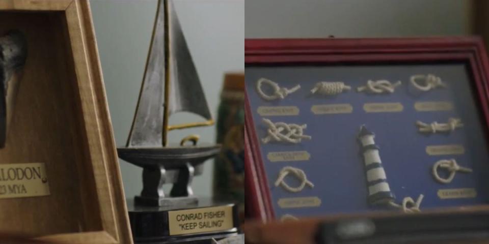 conrad's boat award next to framed shadow box of light house with knot types - sumer i turned pretty