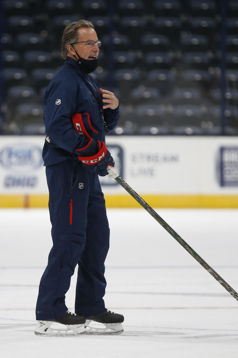 Columbus Blue Jackets head coach John Tortorella instructs his team during an NHL hockey training camp practice Tuesday, Jan. 5, 2021, in Columbus, Ohio. (AP Photo/Jay LaPrete)