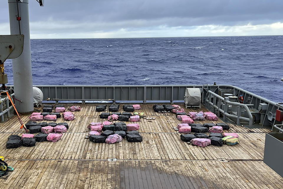 In this undated photo supplied by the New Zealand police, a shipment of cocaine lies on the deck of Royal New Zealand Navy vessel HMNZS Manawanui in the Pacific Ocean. New Zealand police said Wednesday, Feb. 8, 2023 they found more than 3 tons of cocaine floating in a remote part of the Pacific Ocean after it was dropped there by an international drug-smuggling syndicate.(NZ Police via AP)